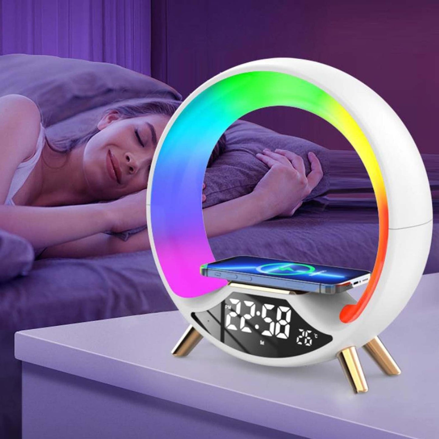 O Light Haut-parleur Bluetooth multifonction 3 en 1 avec chargement sans fil et veilleuse
