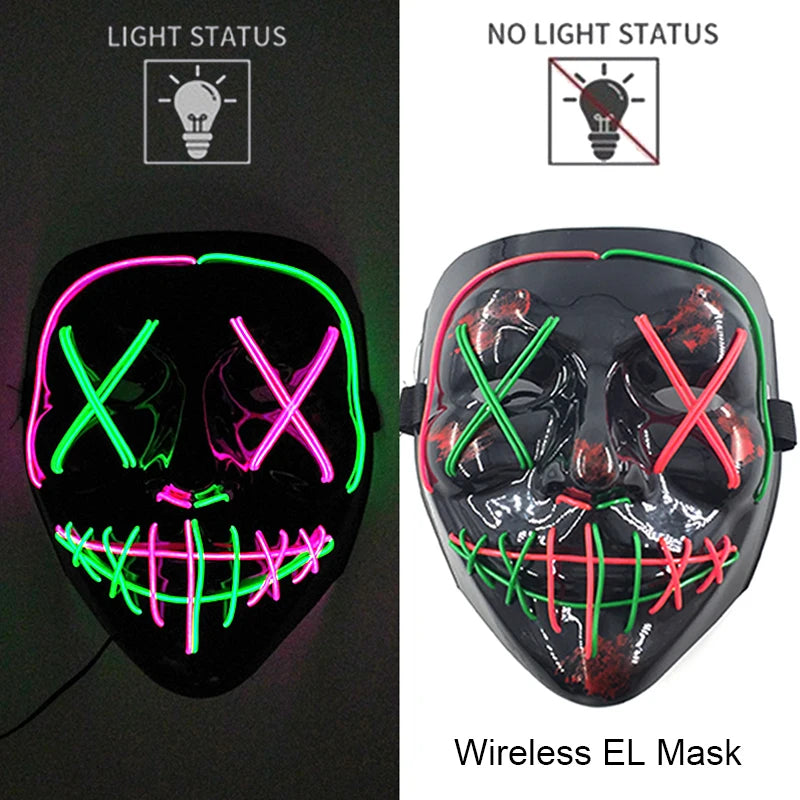 Wireless Halloween Scary Party Purge Mask with Neon Light Luminous LED Rave Mask Cosplay Accessories Festival Horror Car Décor