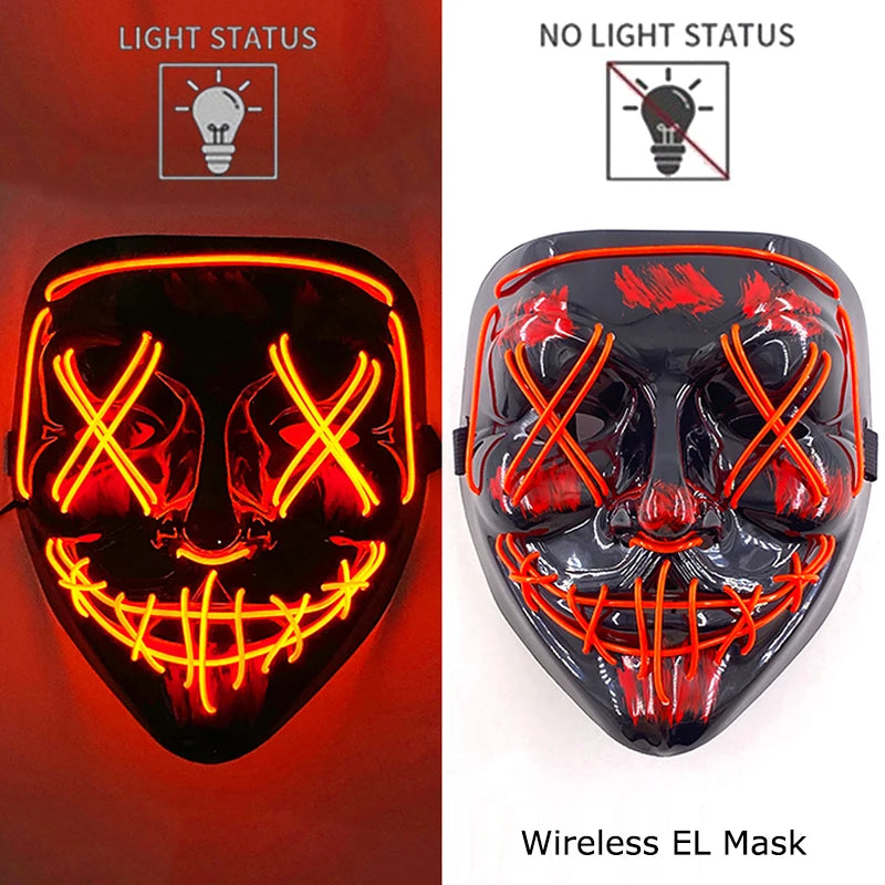 Wireless Halloween Scary Party Purge Mask with Neon Light Luminous LED Rave Mask Cosplay Accessories Festival Horror Car Décor