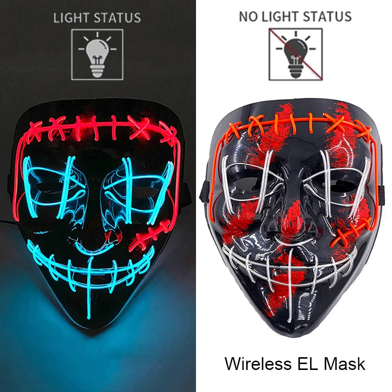 Wireless Halloween Scary Party Purge Mask with Neon Light Luminous LED Rave Mask Cosplay Accessories Festival Horror Car Décor