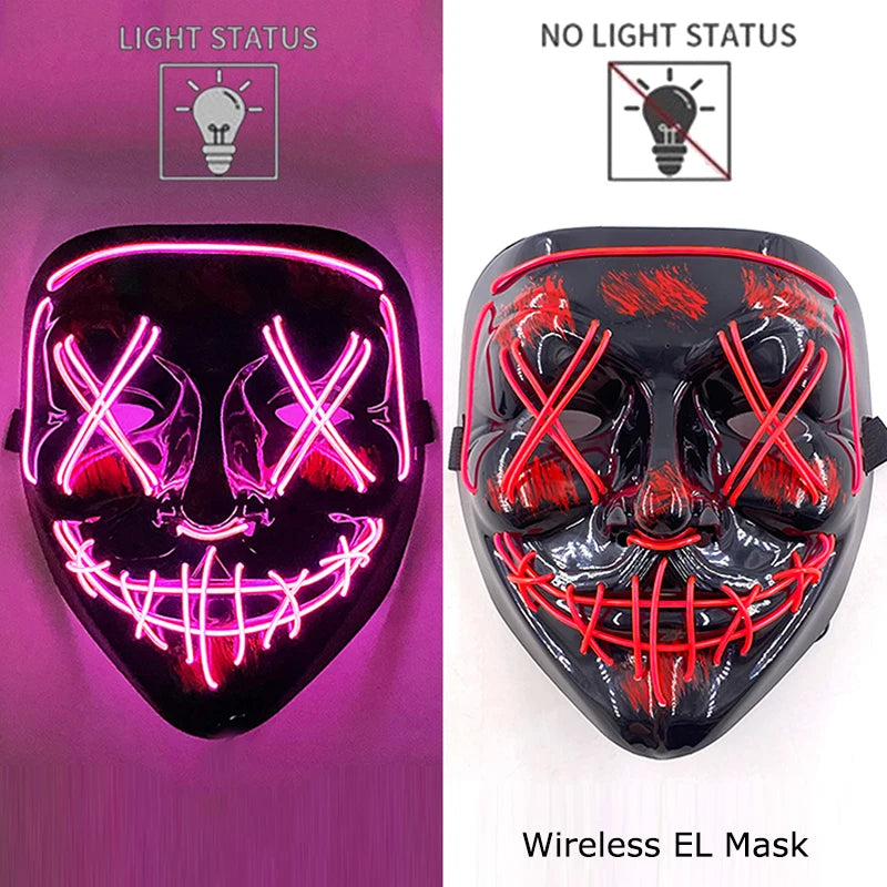 Wireless Halloween Scary Party Purge Mask with Neon Light Luminous LED Rave Mask Cosplay Accessories Festival Horror Car Décor