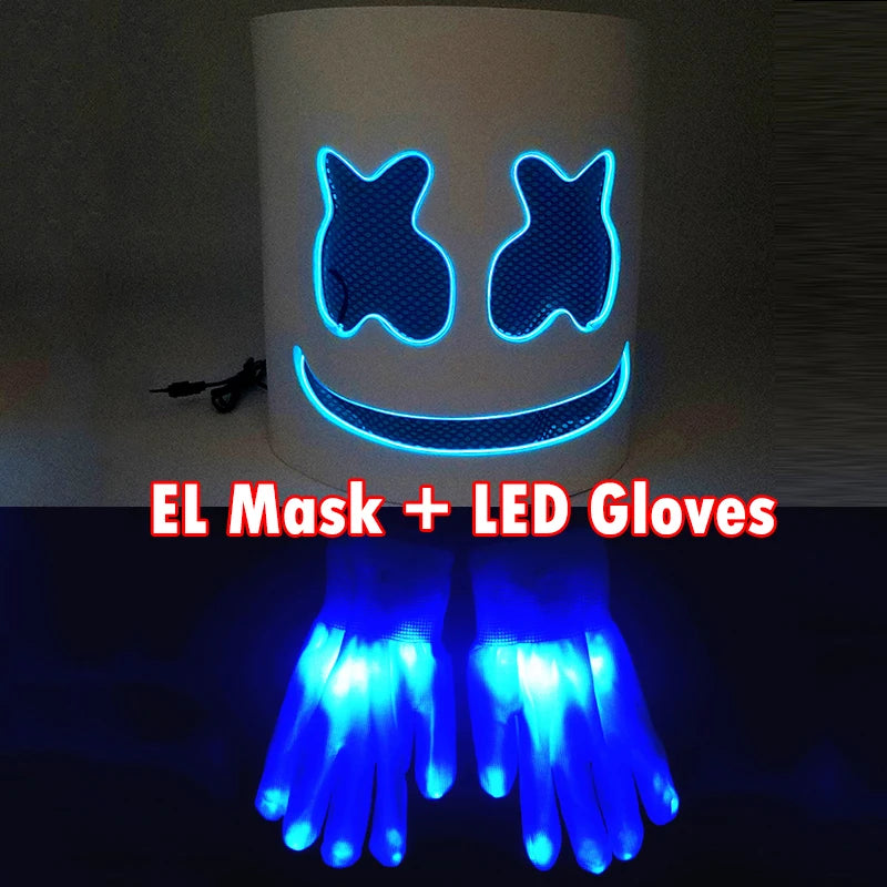 DJ Marshmello Light LED Mask Colorful Neon LED Gloves Halloween Carnival Glow Party Masquerade DIY Glowing Mask Cosplay Décor