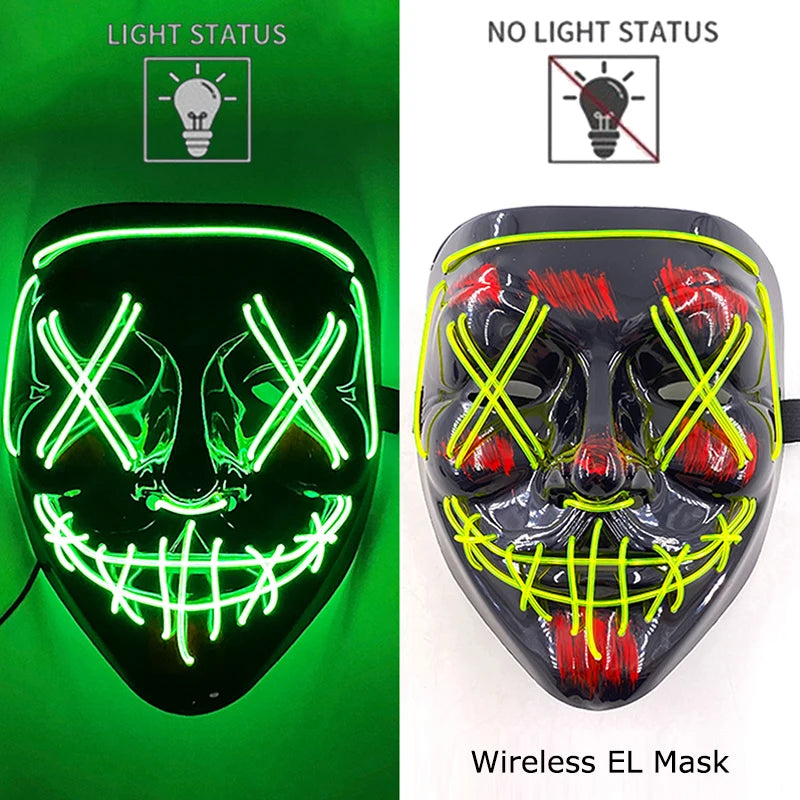 Wireless Halloween Scary Party Purge Mask with Neon Light Luminous LED Rave Mask Cosplay Accessories Festival Horror Car Décor
