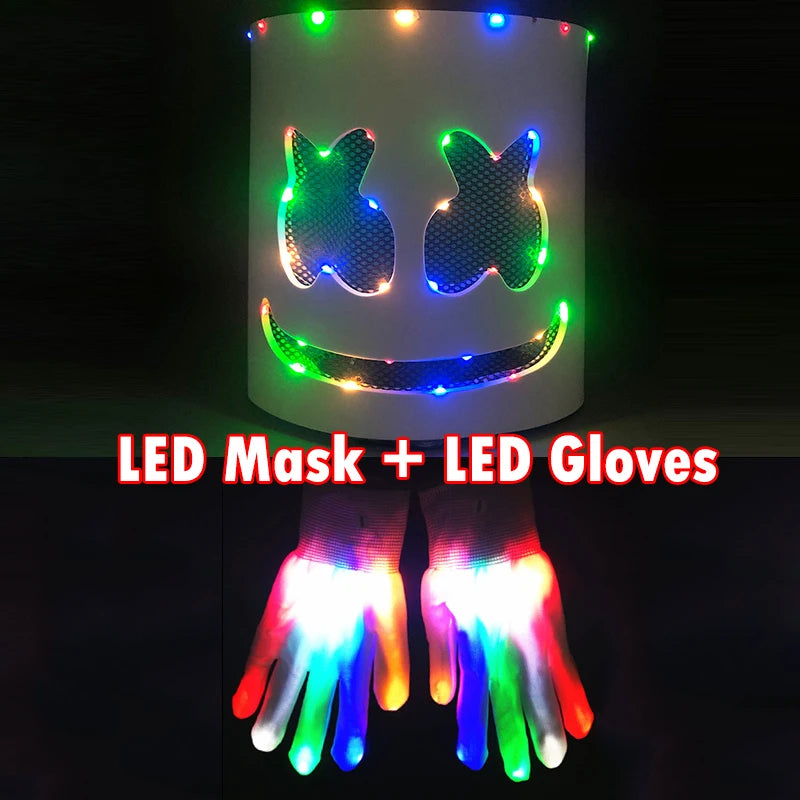DJ Marshmello Light LED Mask Colorful Neon LED Gloves Halloween Carnival Glow Party Masquerade DIY Glowing Mask Cosplay Décor
