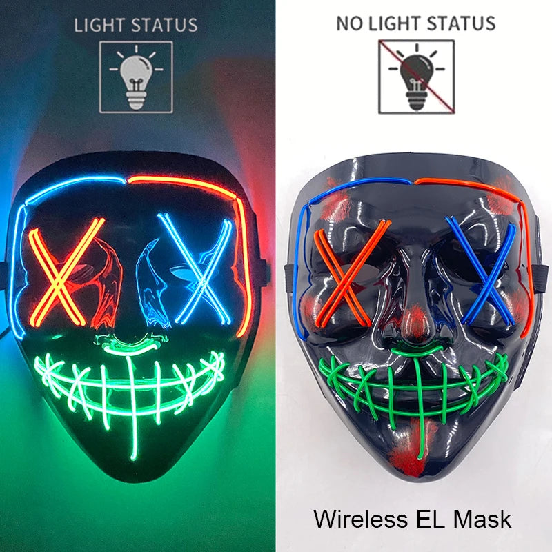 Wireless Halloween Scary Party Purge Mask with Neon Light Luminous LED Rave Mask Cosplay Accessories Festival Horror Car Décor