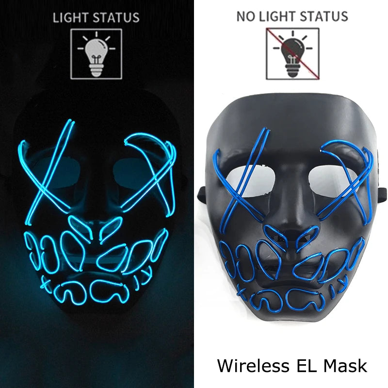 Wireless Halloween Scary Party Purge Mask with Neon Light Luminous LED Rave Mask Cosplay Accessories Festival Horror Car Décor
