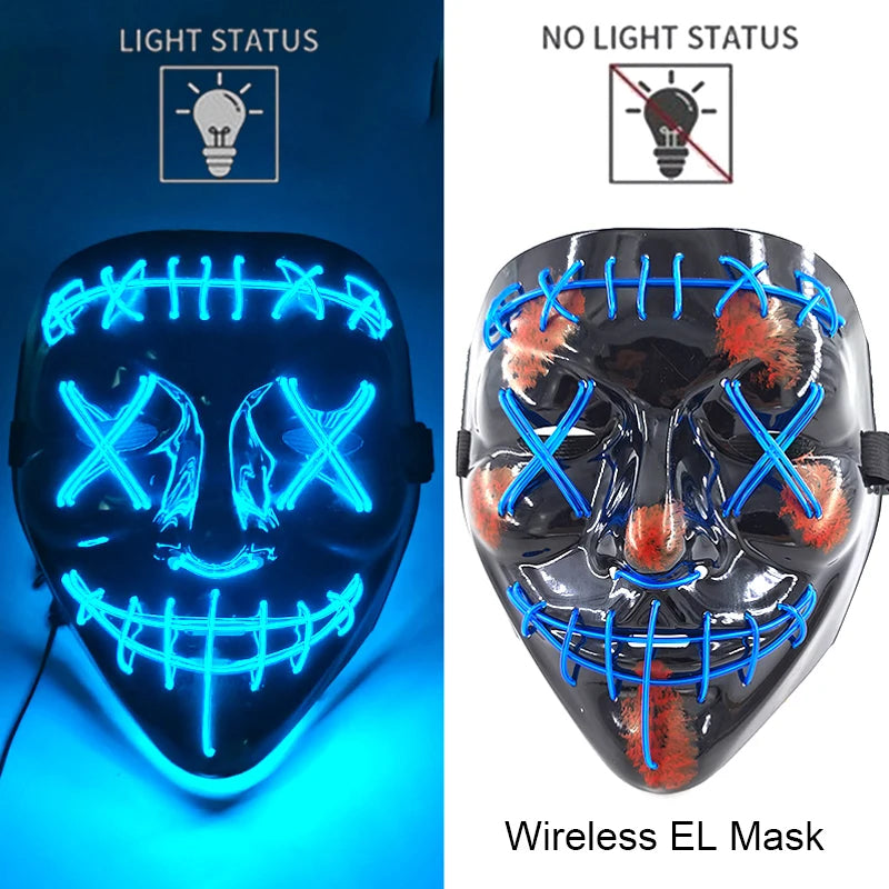 Wireless Halloween Scary Party Purge Mask with Neon Light Luminous LED Rave Mask Cosplay Accessories Festival Horror Car Décor