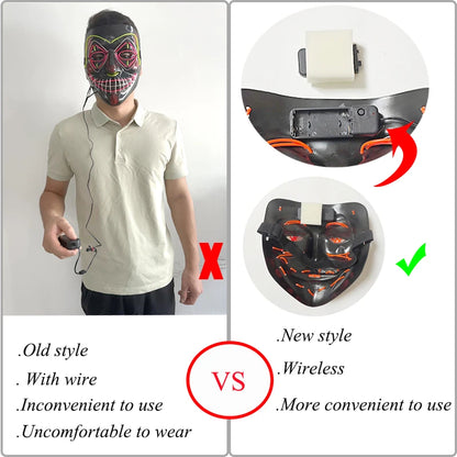 Wireless Halloween Scary Party Purge Mask with Neon Light Luminous LED Rave Mask Cosplay Accessories Festival Horror Car Décor