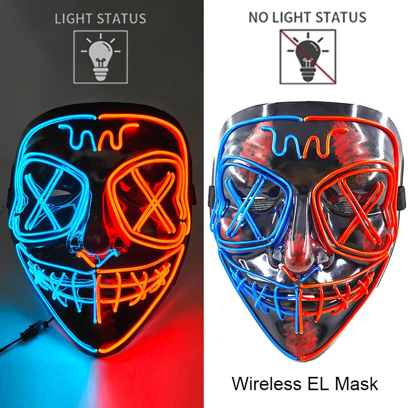 Wireless Halloween Scary Party Purge Mask with Neon Light Luminous LED Rave Mask Cosplay Accessories Festival Horror Car Décor