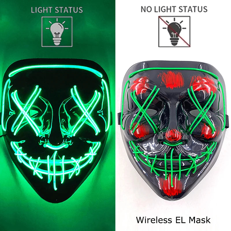 Wireless Halloween Scary Party Purge Mask with Neon Light Luminous LED Rave Mask Cosplay Accessories Festival Horror Car Décor