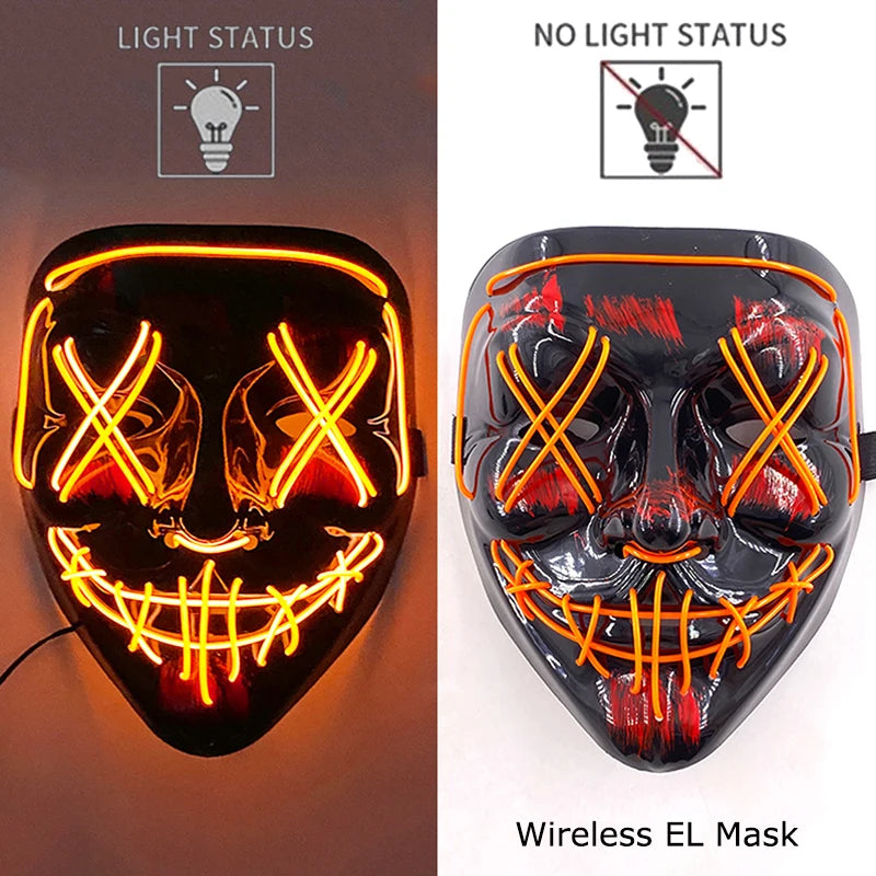 Wireless Halloween Scary Party Purge Mask with Neon Light Luminous LED Rave Mask Cosplay Accessories Festival Horror Car Décor