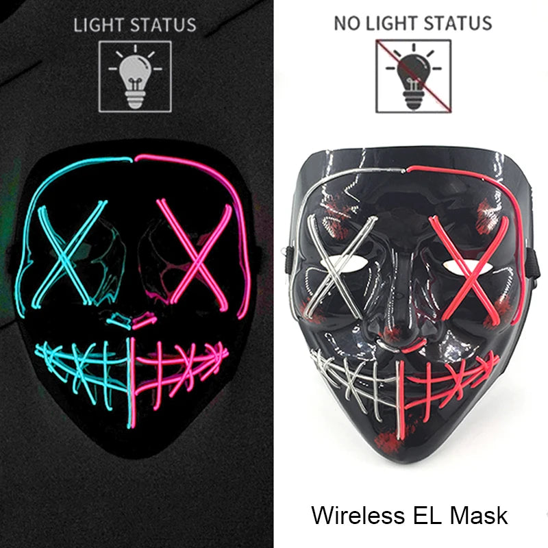 Wireless Halloween Scary Party Purge Mask with Neon Light Luminous LED Rave Mask Cosplay Accessories Festival Horror Car Décor