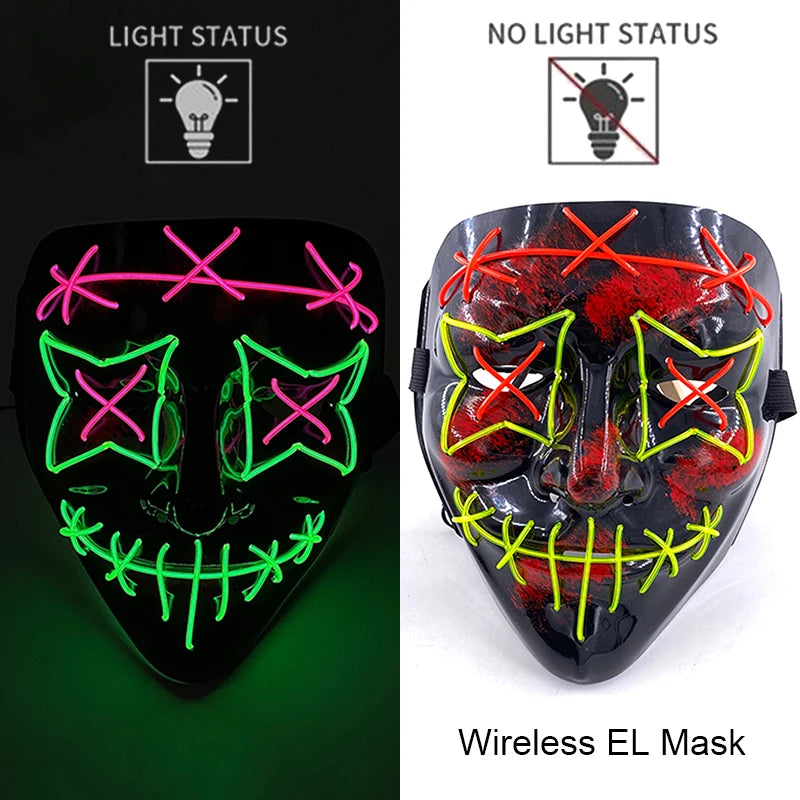 Wireless Halloween Scary Party Purge Mask with Neon Light Luminous LED Rave Mask Cosplay Accessories Festival Horror Car Décor