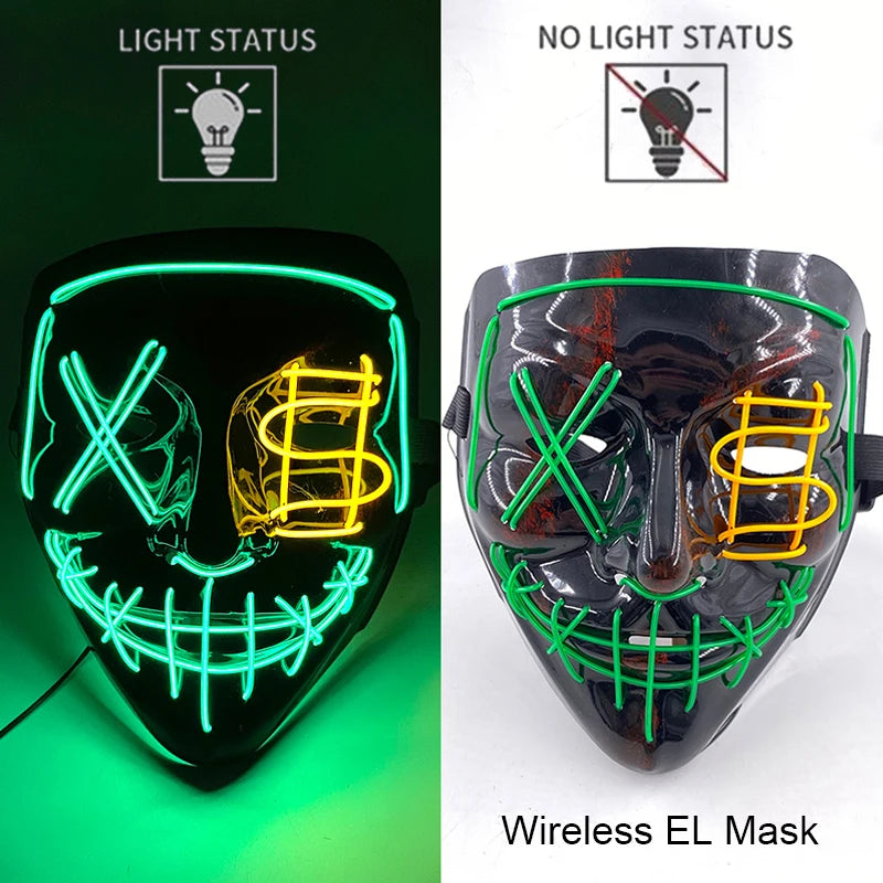 Wireless Halloween Scary Party Purge Mask with Neon Light Luminous LED Rave Mask Cosplay Accessories Festival Horror Car Décor