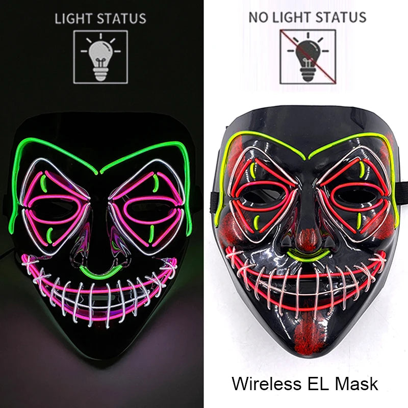 Wireless Halloween Scary Party Purge Mask with Neon Light Luminous LED Rave Mask Cosplay Accessories Festival Horror Car Décor