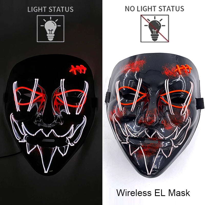 Wireless Halloween Scary Party Purge Mask with Neon Light Luminous LED Rave Mask Cosplay Accessories Festival Horror Car Décor