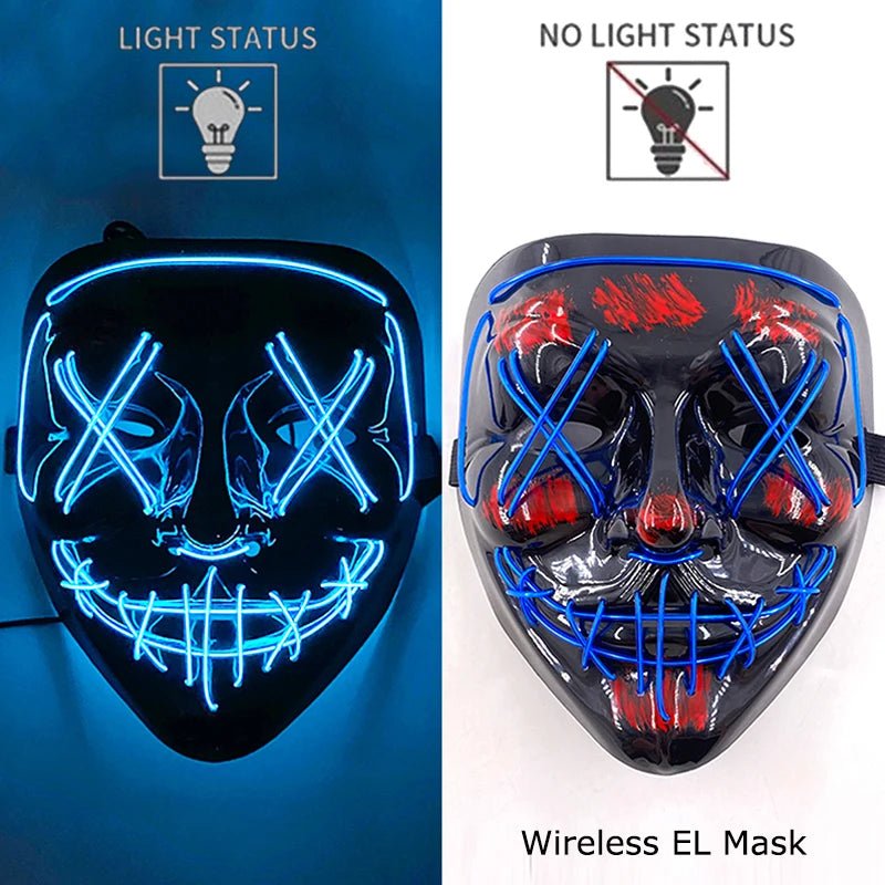 Wireless Halloween Scary Party Purge Mask with Neon Light Luminous LED Rave Mask Cosplay Accessories Festival Horror Car Décor