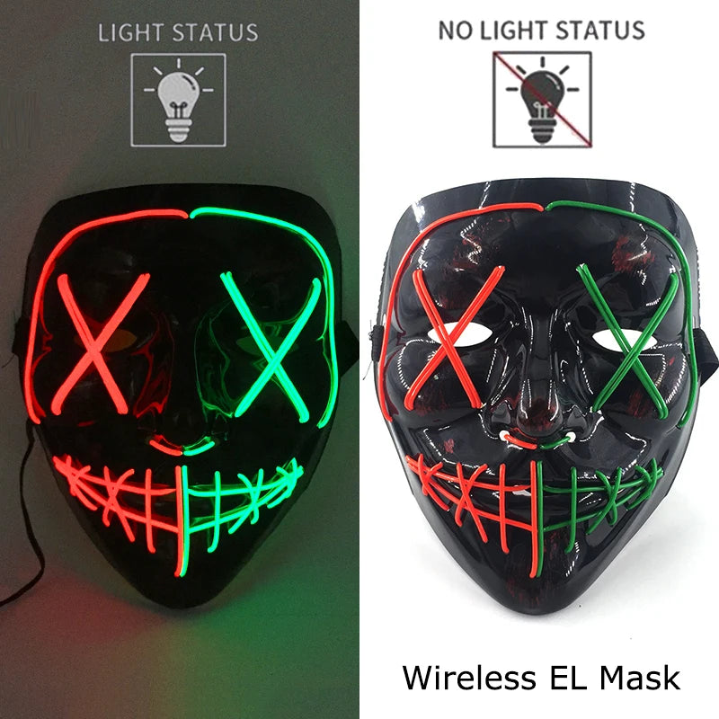 Wireless Halloween Scary Party Purge Mask with Neon Light Luminous LED Rave Mask Cosplay Accessories Festival Horror Car Décor
