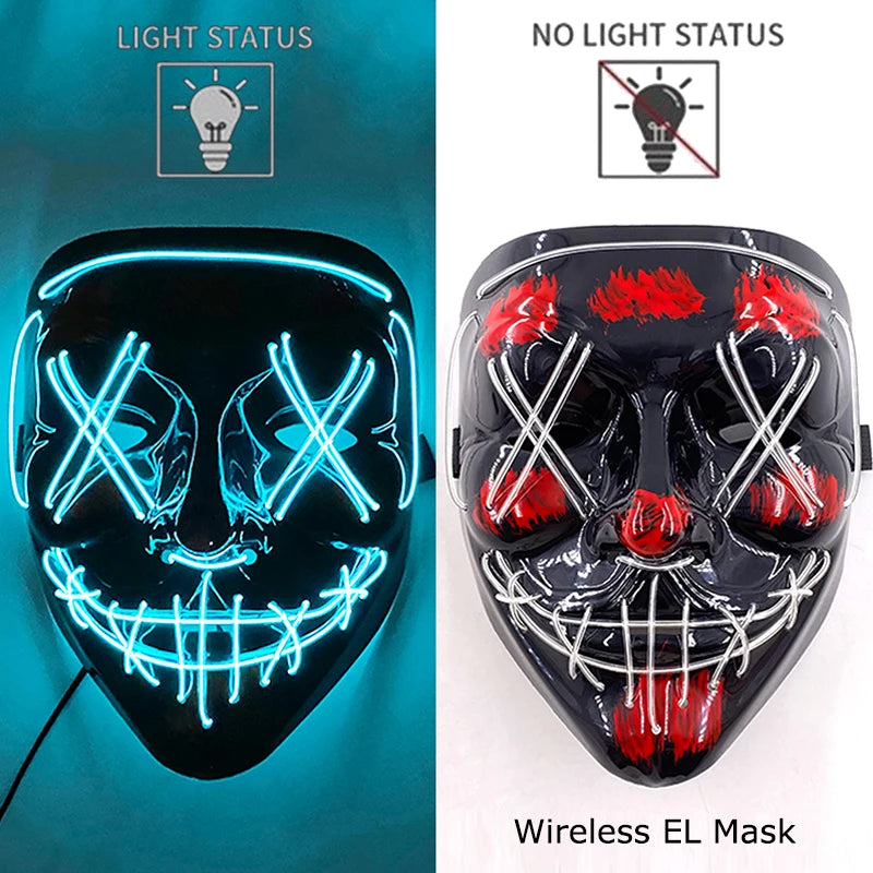 Wireless Halloween Scary Party Purge Mask with Neon Light Luminous LED Rave Mask Cosplay Accessories Festival Horror Car Décor