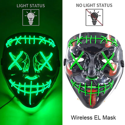 Wireless Halloween Scary Party Purge Mask with Neon Light Luminous LED Rave Mask Cosplay Accessories Festival Horror Car Décor