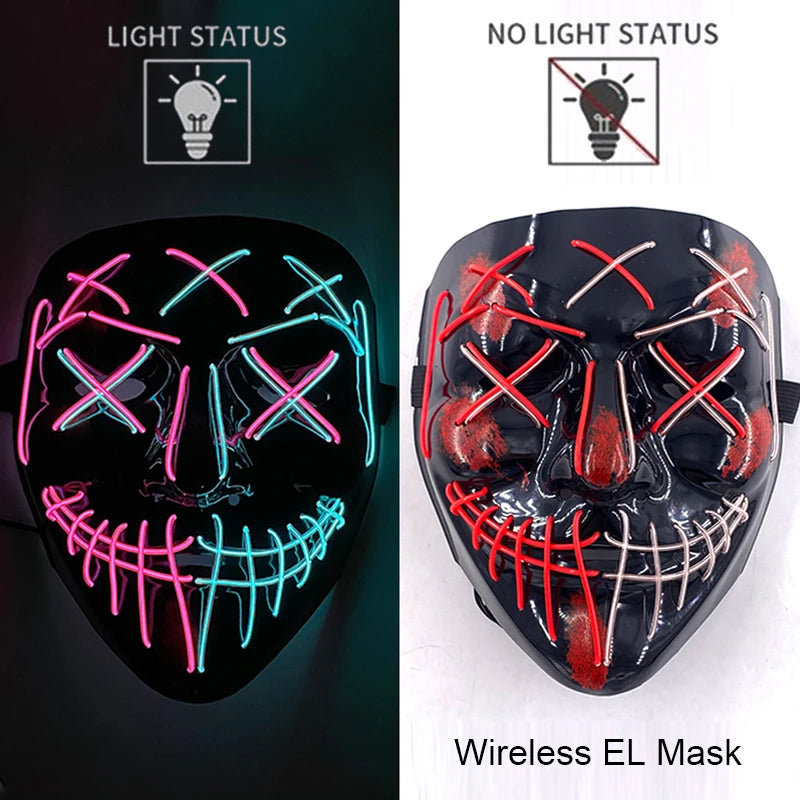 Wireless Halloween Scary Party Purge Mask with Neon Light Luminous LED Rave Mask Cosplay Accessories Festival Horror Car Décor