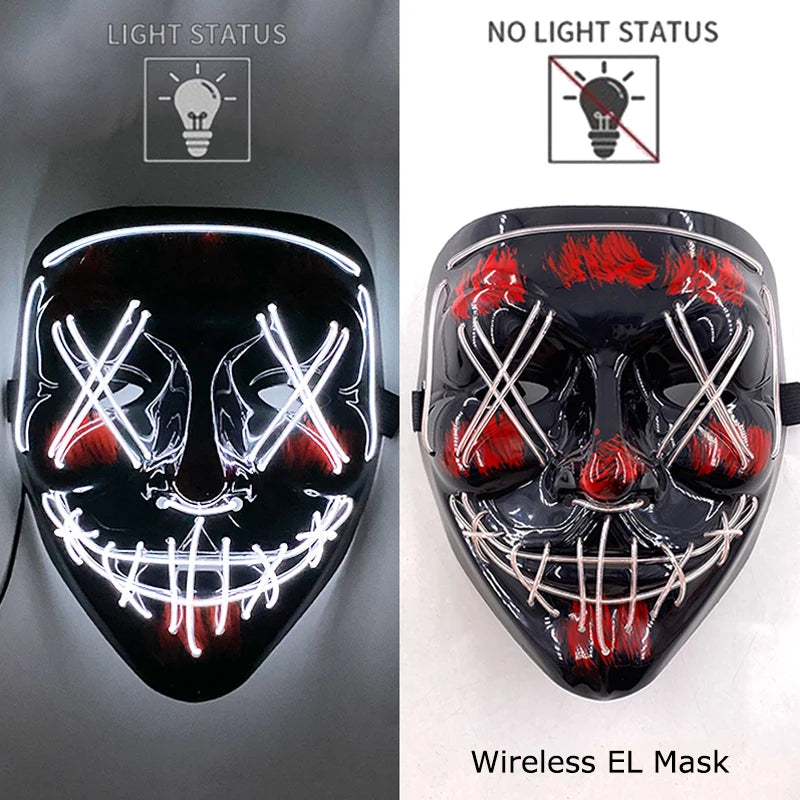Wireless Halloween Scary Party Purge Mask with Neon Light Luminous LED Rave Mask Cosplay Accessories Festival Horror Car Décor